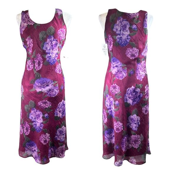 Vintage 90's Whimsigoth Burgundy Floral Midi Fairy‎ Dress Y2K Sheer Lined Size 8 - Picture 1 of 9